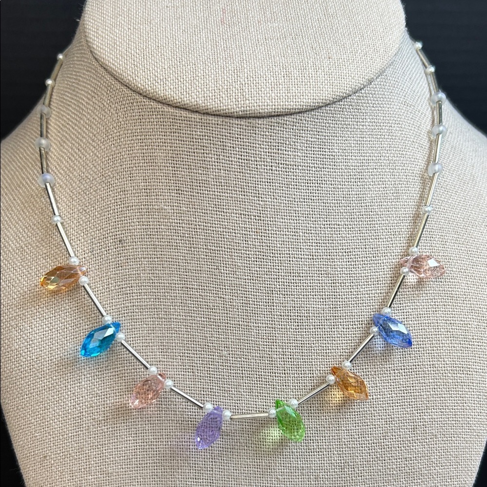 Elegant Dainty Multicolor Crystal and 925 Sterling Silver Necklace